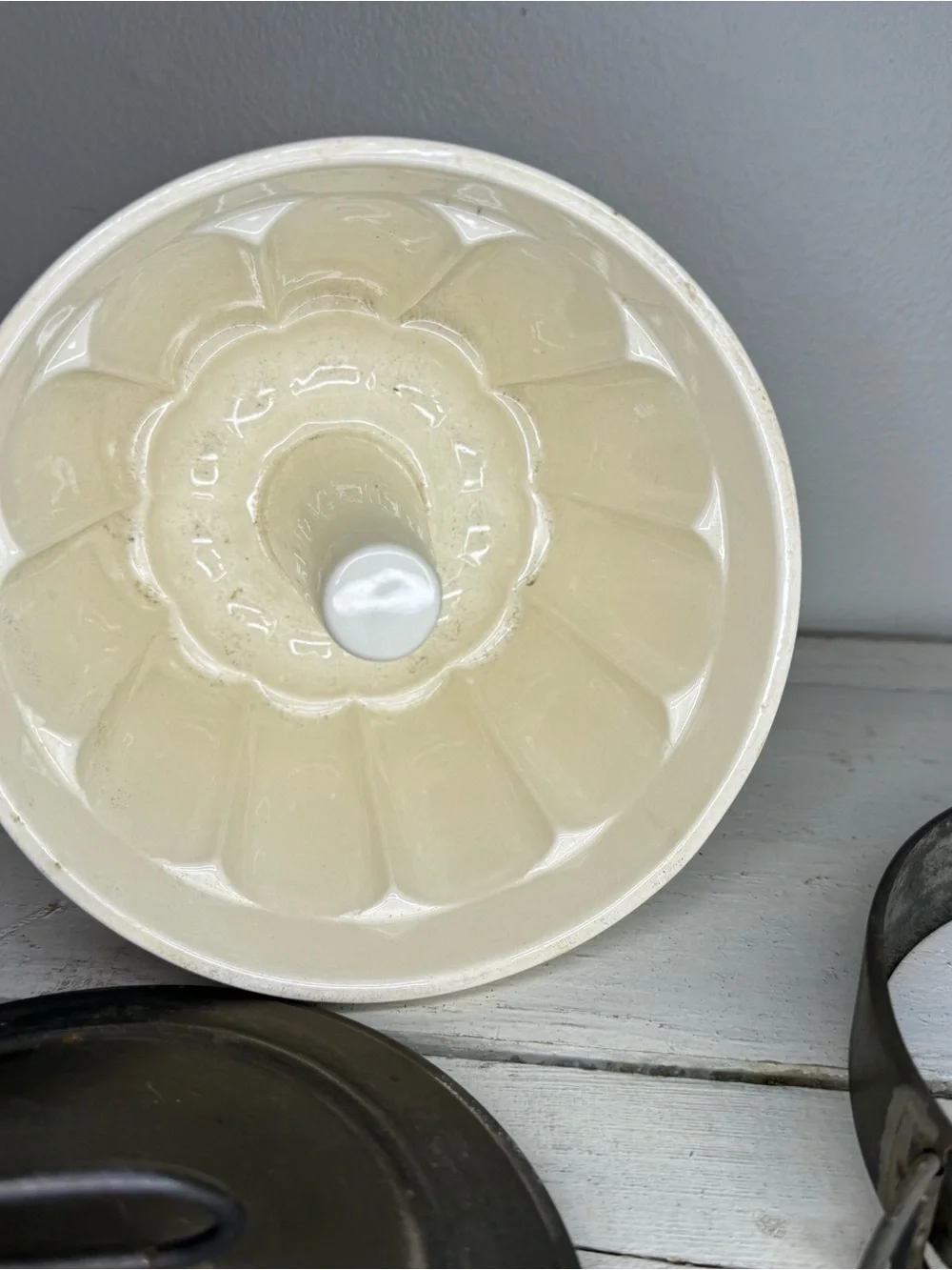 Antique Creamy White German Steam Pudding Mold w/ Tin Lid & Side Locking Latch